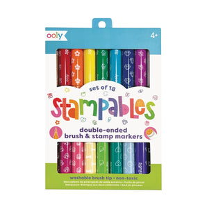 Double-Ended Brush & Stamp Markers: markers in a blue, green, & white box, text "set of 18 stampables double-ended brush & stamp markers."