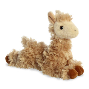 Aurora Mini Flopsie Louis Llama is a soft, light brown plush lying on its belly with dark feet and bean pellets for extra cuddliness.
