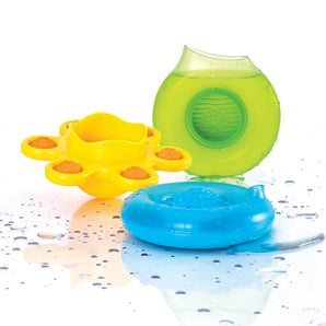 Fat Brain Toy Co Dimpl Splash has a yellow star, green spout round, and blue ring for sensory learning with water droplets.