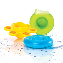 Load image into Gallery viewer, Fat Brain Toy Co Dimpl Splash has a yellow star, green spout round, and blue ring for sensory learning with water droplets.

