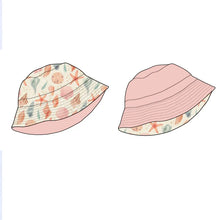 Load image into Gallery viewer, Two illustrated Emerson and Friends bucket hats: Sandy Seashells pattern and solid pink reversible design for sun protection.
