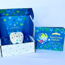 Load image into Gallery viewer, The Tooth Fairy Flylight Box Set by Tooth Fairy Flylight includes a storybook and projector nightlight in a starry box for the lost tooth tradition.
