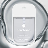 Hydrating Hand Sanitizer: clear sanitizer bottle with white cap & text "touchland Power Mist Hydrating hand sanitizer" on gray gel.
