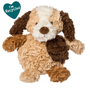 Mary Meyer Again Friends Sprouts - Puppy: plush brown & white dog with floppy ears, round nose, and "I'm Recycled" tag.