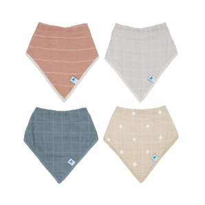 Little Unicorn Cotton Muslin/Fleece Bib 4 Pack-Mauve Stripe: four absorbent bibs in muted pink, gray, blue, and beige with unique patterns.