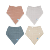 Little Unicorn Cotton Muslin/Fleece Bib 4 Pack-Mauve Stripe: four absorbent bibs in muted pink, gray, blue, and beige with unique patterns.