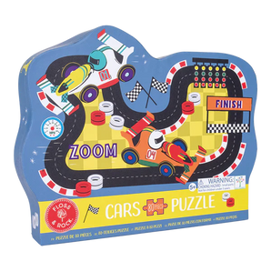 Floss and Rocks 80 Piece Puzzle, Cars features race cars on a Formula One track with checkered flags and ZOOM text.