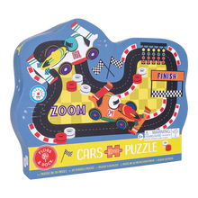 Load image into Gallery viewer, Floss and Rocks 80 Piece Puzzle, Cars features race cars on a Formula One track with checkered flags and ZOOM text.
