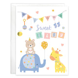 Gina B Designs Baby Card, Welcome Baby Friends features glittery WELCOME bunting, a bear on an elephant, a giraffe, and BABY blocks.