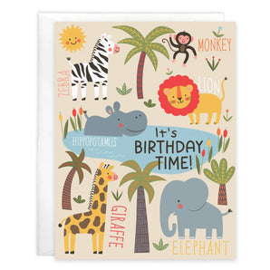 Birthday Card, Cute Jungle: card with jungle animals, palm trees, and sun illustrations with text "It's Birthday Time!" and white envelope.