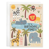 Birthday Card, Cute Jungle: card with jungle animals, palm trees, and sun illustrations with text "It's Birthday Time!" and white envelope.