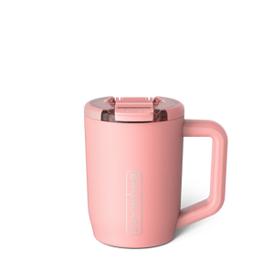 Muv 15oz, Guava: pink insulated mug with lid and silver Brumate logo.
