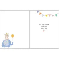 Gina B Designs Baby Card, Welcome Baby Friends features a glittered bear on an elephant holding a balloon, with: You are already so loved.