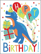 Load image into Gallery viewer, The Birthday Card, Dino by Gina B Designs features a vibrant dinosaur with gifts and balloons, a party hat, and red foil Happy Birthday!.
