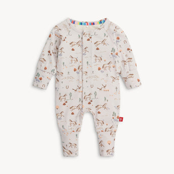 Magnetic Me Coverall Born To Run: western horse & cactus print, eco-friendly TENCEL modal, colorful snaps at neck.