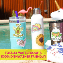 Load image into Gallery viewer, Vinyl stickers on drink containers poolside, with Desert Dweller Big Foot designs by Turtle Soup. Waterproof &amp; dishwasher safe!.
