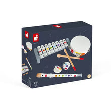 Load image into Gallery viewer, Janod Juratoys Confetti Musical Set boosts brainpower with a xylophone, tambourine, maracas, and recorder in a box.
