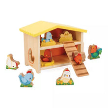 Load image into Gallery viewer, My First Henhouse: yellow &amp; tan wood henhouse toy with blue, white, orange, &amp; yellow wood chicken figures.
