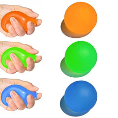 Three hands grip Showcase Sugarsqueez Neon Balls—orange, green, and blue—showing their soft texture squeezed and unsqueezed.