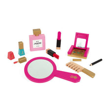 Load image into Gallery viewer, Janod Juratoys Vanity Case: a wooden makeup set with mirror, perfume, and more for little miss vanity case on a white backdrop.
