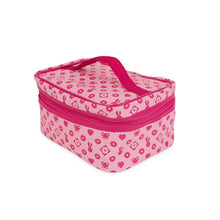Load image into Gallery viewer, The pink Janod Juratoys Vanity Case has a zipper, handle, and heart-flower patterns for nurturing imaginative role play adventures.
