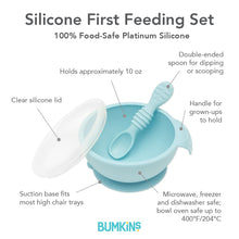 Load image into Gallery viewer, Infographic of Bumkins Silicone First Feeding Set: 100% food-safe platinum silicone, clear silicone lid, suction base, double-ended spoon.
