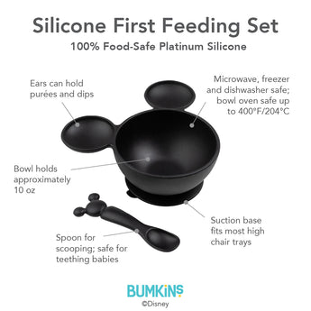 Infographic of Bumkins Silicone First Feeding Set: 100% food-safe platinum silicone, suction base, spoon safe for teething babies.