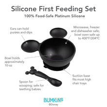 Load image into Gallery viewer, Infographic of Bumkins Silicone First Feeding Set: 100% food-safe platinum silicone, suction base, spoon safe for teething babies.
