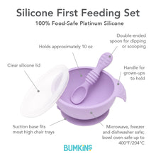 Load image into Gallery viewer, Infographic of Bumkins Silicone First Feeding Set: 100% food-safe platinum silicone, clear silicone lid, suction base, double-ended spoon.
