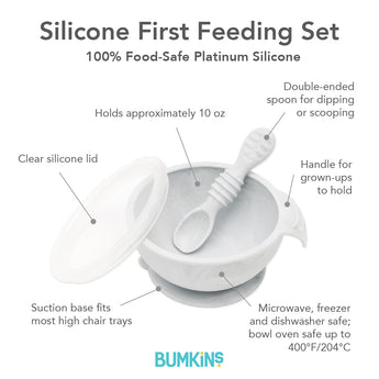 Infographic of Bumkins Silicone First Feeding Set: 100% food-safe platinum silicone, clear silicone lid, suction base, double-ended spoon.