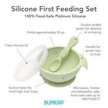 Load image into Gallery viewer, Infographic of Bumkins Silicone First Feeding Set: 100% food-safe platinum silicone, clear silicone lid, suction base, double-ended spoon.
