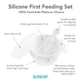 Infographic of Bumkins Silicone First Feeding Set: 100% food-safe platinum silicone, clear silicone lid, suction base, double-ended spoon.
