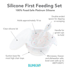 Load image into Gallery viewer, Infographic of Bumkins Silicone First Feeding Set: 100% food-safe platinum silicone, clear silicone lid, suction base, double-ended spoon.
