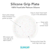 Infographic of Bumkins Silicone Grip Plate: 100% food-safe platinum silicone, easy to clean, deep walls, suction base, microwave and oven safe.