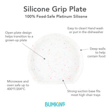 Load image into Gallery viewer, Infographic of Bumkins Silicone Grip Plate: 100% food-safe platinum silicone, easy to clean, deep walls, suction base, microwave and oven safe.
