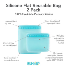 Load image into Gallery viewer, Infographic of Bumkins Silicone Flat Reusable Bag 2 Pack: 100% food-safe platinum silicone, leak-resistant zip seal, easy-to-clean.
