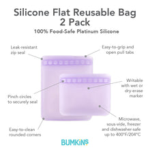 Load image into Gallery viewer, Infographic of Bumkins Silicone Flat Reusable Bag 2 Pack: 100% food-safe platinum silicone, leak-resistant zip seal, easy-to-clean.
