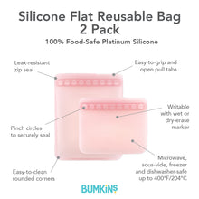 Load image into Gallery viewer, Infographic of Bumkins Silicone Flat Reusable Bag 2 Pack: 100% food-safe platinum silicone, leak-resistant zip seal, easy-to-clean.
