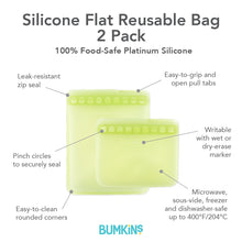 Load image into Gallery viewer, Infographic of Bumkins Silicone Flat Reusable Bag 2 Pack: 100% food-safe platinum silicone, leak-resistant zip seal, easy-to-clean.
