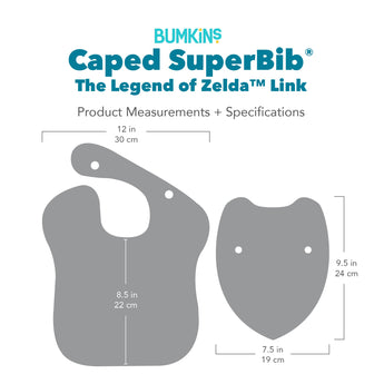 Bumkins Caped SuperBib® Zelda Link with dimensions—bib: 12 in (30 cm) by 8.5 in (22 cm), cape: 7.5 in (19 cm) by 9.5 in (24 cm).