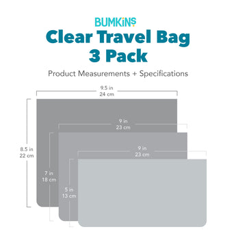 Bumkins Clear Travel Bag 3 Pack with dimensions—9.5 in (24 cm) by 8.5 in (22 cm), 9 in (23 cm) by 7.5 in (19 cm), 9 in (23 cm) by 5 in (13 cm). 