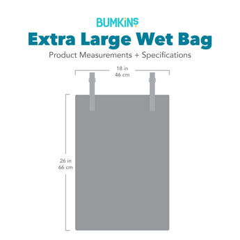 Gray silhouette of the Bumkins Extra Large Wet Bag with dimensions—width: 18 in (46 cm), height: 26 in (66 cm).