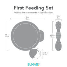 Load image into Gallery viewer, Bumkins First Feeding Set dimensions—width: 5 in (13 cm), height: 4.5 in (12 cm), depth: 2.25 in (6 cm). Spoon: .75 in (2 cm) by: 4.25 in (11 cm).
