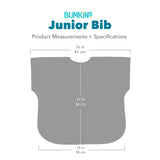 Gray silhouette of Bumkins Junior Bib with dimensions—width: 16 in (41 cm), height: 14 in (36 cm), bottom width: 15 in (38 cm).