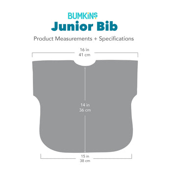 Gray silhouette of Bumkins Junior Bib with dimensions—width: 16 in (41 cm), height: 14 in (36 cm), bottom width: 15 in (38 cm).