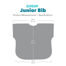 Load image into Gallery viewer, Gray silhouette of Bumkins Junior Bib with dimensions—width: 16 in (41 cm), height: 14 in (36 cm), bottom width: 15 in (38 cm).
