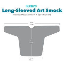 Load image into Gallery viewer, Gray Silhouette of Bumkins Long-Sleeved Art Smock with dimensions—width: 38 in (97 cm), height: 17 in (43 cm), bottom width: 14 in (36 cm).
