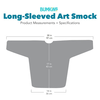 Gray Silhouette of Bumkins Long-Sleeved Art Smock with dimensions—width: 38 in (97 cm), height: 17 in (43 cm), bottom width: 14 in (36 cm).