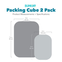 Load image into Gallery viewer, Bumkins Packing Cube 2 Pack with dimensions—large: 9 in (23 cm) by 13 in (33 cm), small: 6 in (15.5 cm) by 9 in (23 cm).
