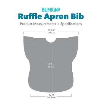Gray Silhouette of Bumkins Ruffle Apron Bib with dimensions—width: 15.5 in (39 cm), height: 13.5 in (34 cm), bottom width: 12 in (30.5 cm).